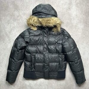 Marmot Kids Puffer Jacket 700 Fill Down Faux Fur Hood Black Size Large Snap Zip